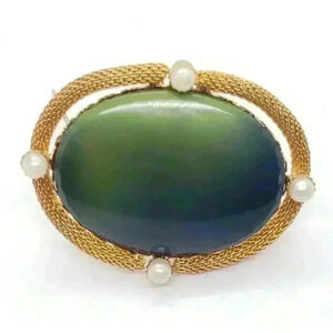 Vintage Brooch 10k Gold Plated Mesh Green Lucite Faux Pearl 1940s